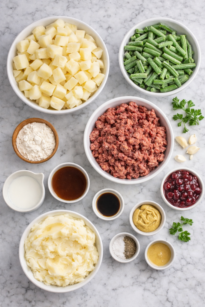 flat lay of ingredients for Swedish meatball mashed potato bowls including ground beef, potatoes, green beans, sour cream, broth, and lingonberry jam on marble counter