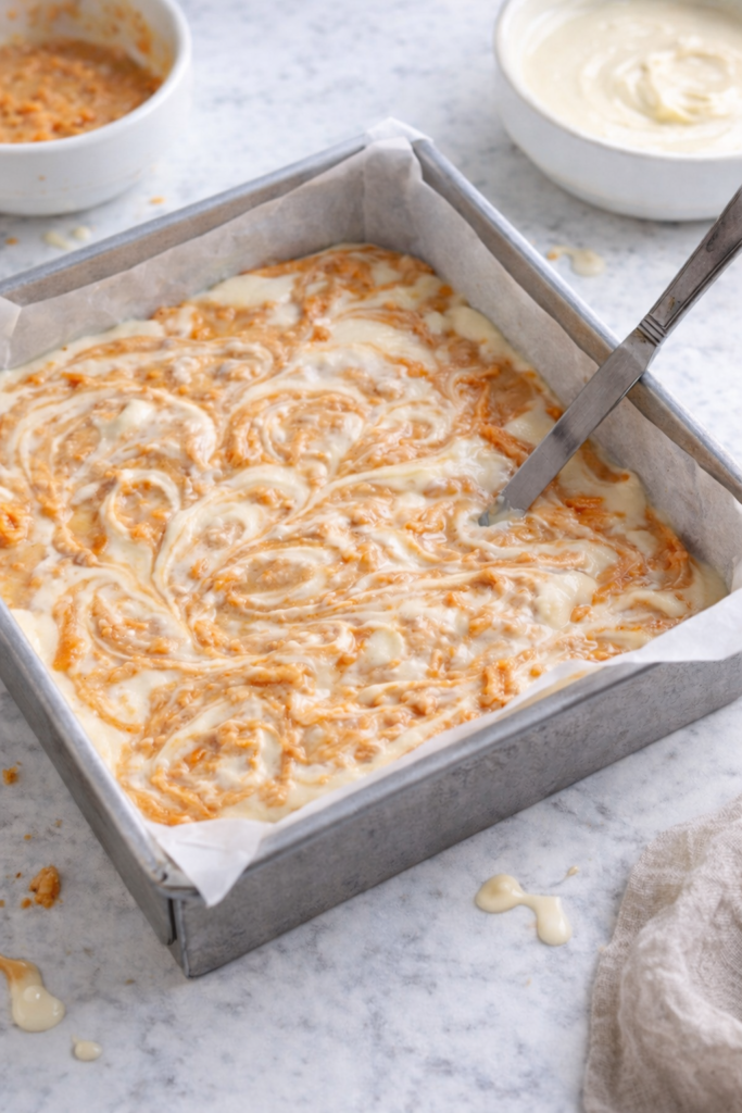 Swirled carrot cake and cheesecake batter in a parchment-lined baking pan with batter drips, mixing bowls, and a neutral kitchen towel on a marble countertop