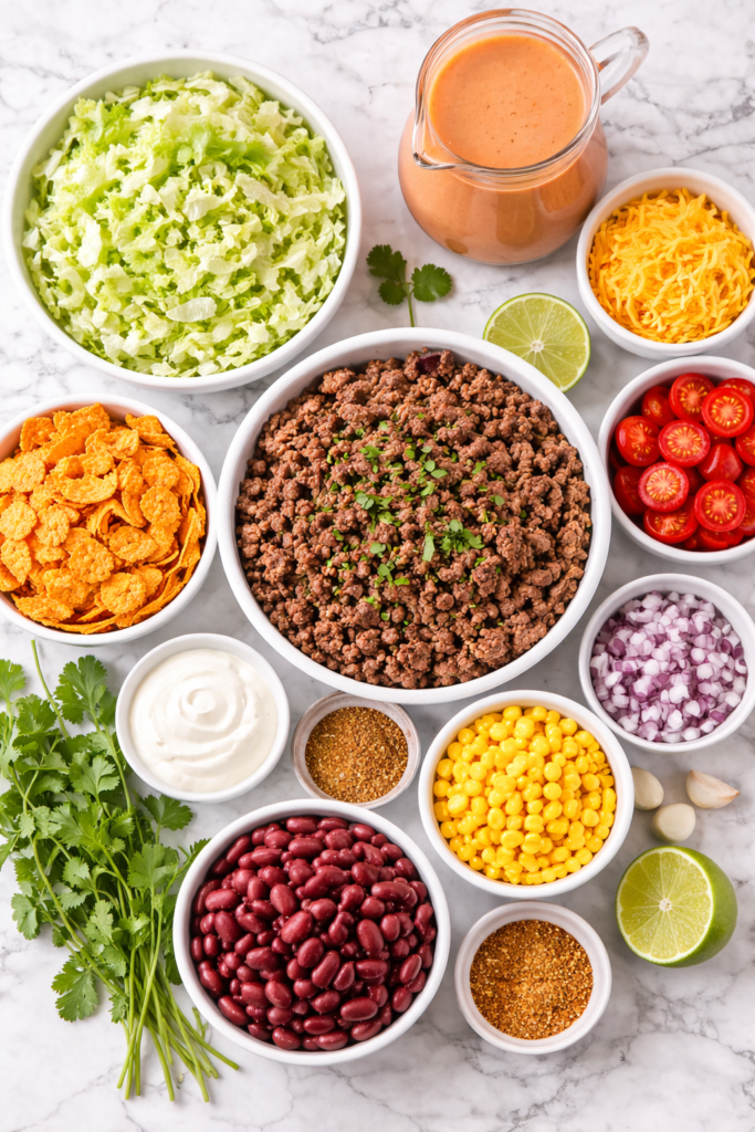 Flat lay of taco salad ingredients including lettuce, seasoned ground beef, Catalina dressing, corn, kidney beans, tomatoes, Doritos chips, shredded cheese, and onions on a marble countertop