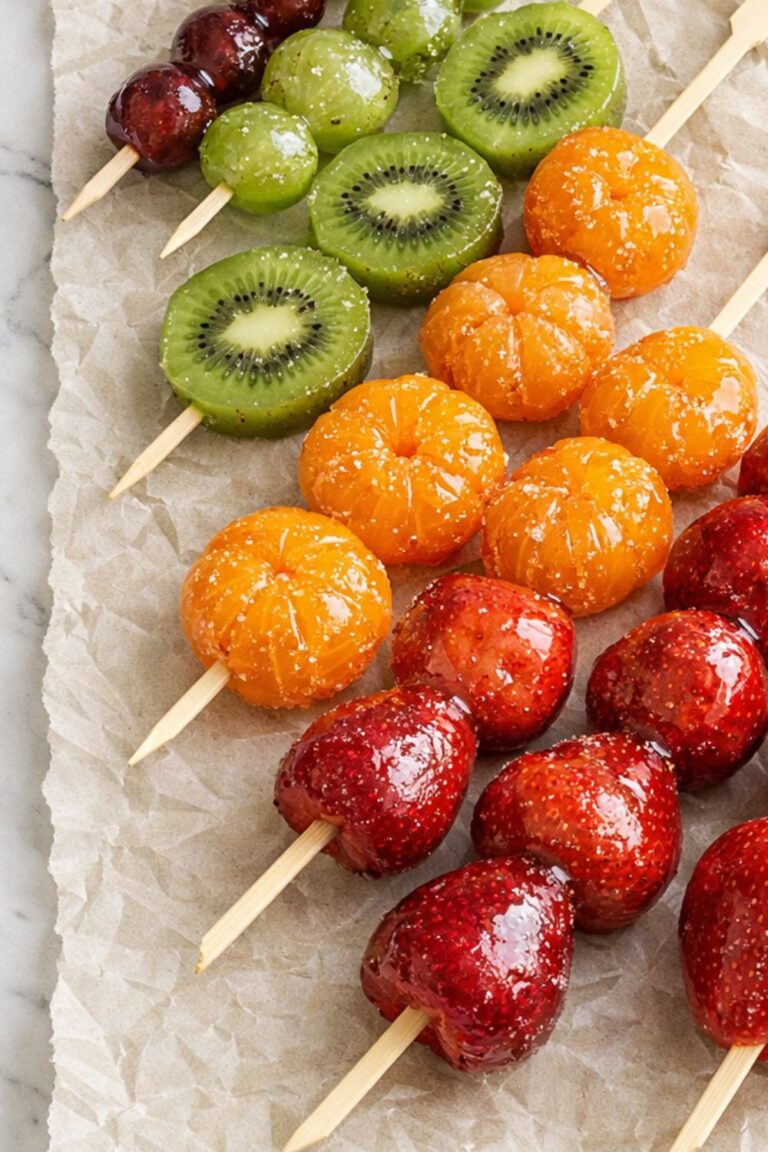 Tanghulu candied fruit skewers including strawberries, mandarin oranges, kiwi, and grapes on wrinkled parchment paper over a marble countertop