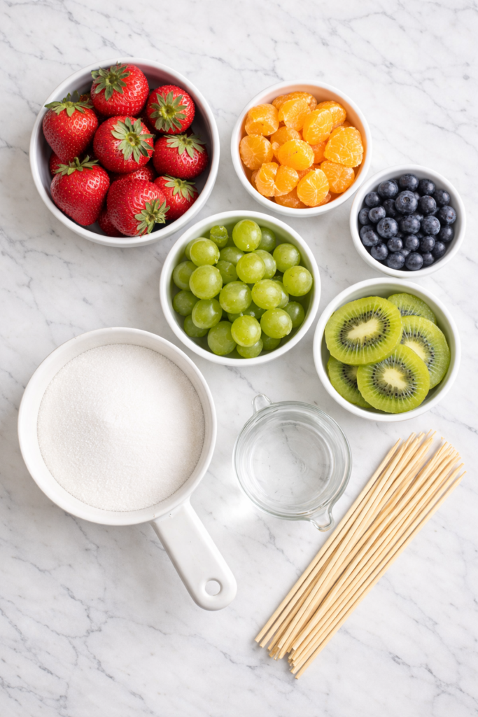 Flat lay of ingredients for tanghulu including strawberries, grapes, kiwi, mandarin oranges, blueberries, sugar, water, and wooden skewers on a marble countertop