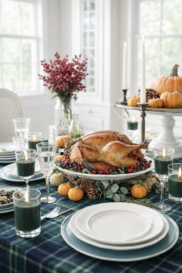 Beautiful Thanksgiving dinner table with roasted turkey centerpiece, hunter green candles, red holly berries, and a deep green and blue tartan tablecloth in a bright, cozy farmhouse setting.