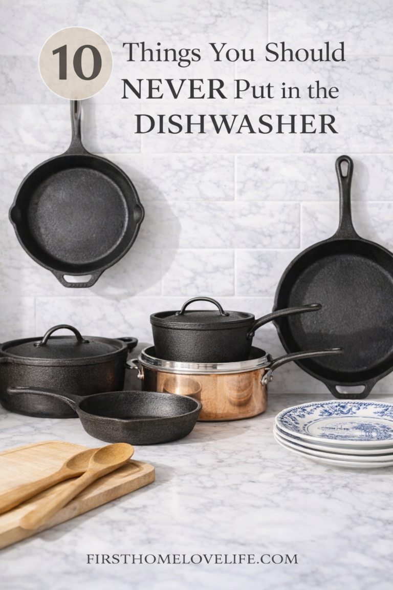 cast iron pans copper cookware wooden spoons and antique transferware plates on a marble countertop showing items that should never go in the dishwasher