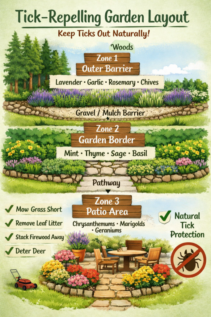Tick-repelling plant layout showing a garden design with lavender, rosemary, garlic, mint, thyme, chrysanthemums, and marigolds arranged in zones to help keep ticks out of a backyard.