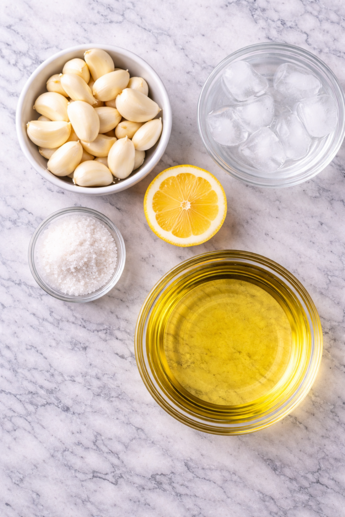 Flat lay of toum garlic sauce ingredients including garlic cloves, lemon, oil, salt, and ice water on a marble counter