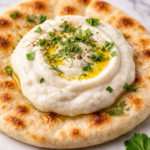 Fluffy toum garlic sauce on warm pita bread with fresh herbs on a marble counter