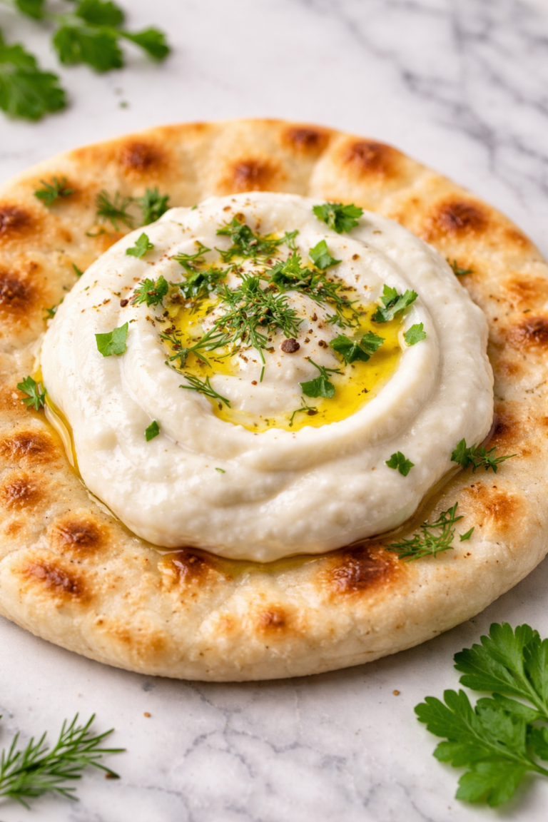 Fluffy toum garlic sauce on warm pita bread with fresh herbs on a marble counter