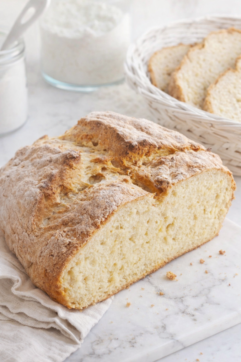 Traditional Irish soda bread loaf sliced on marble countertop with rustic golden crust and soft crumb