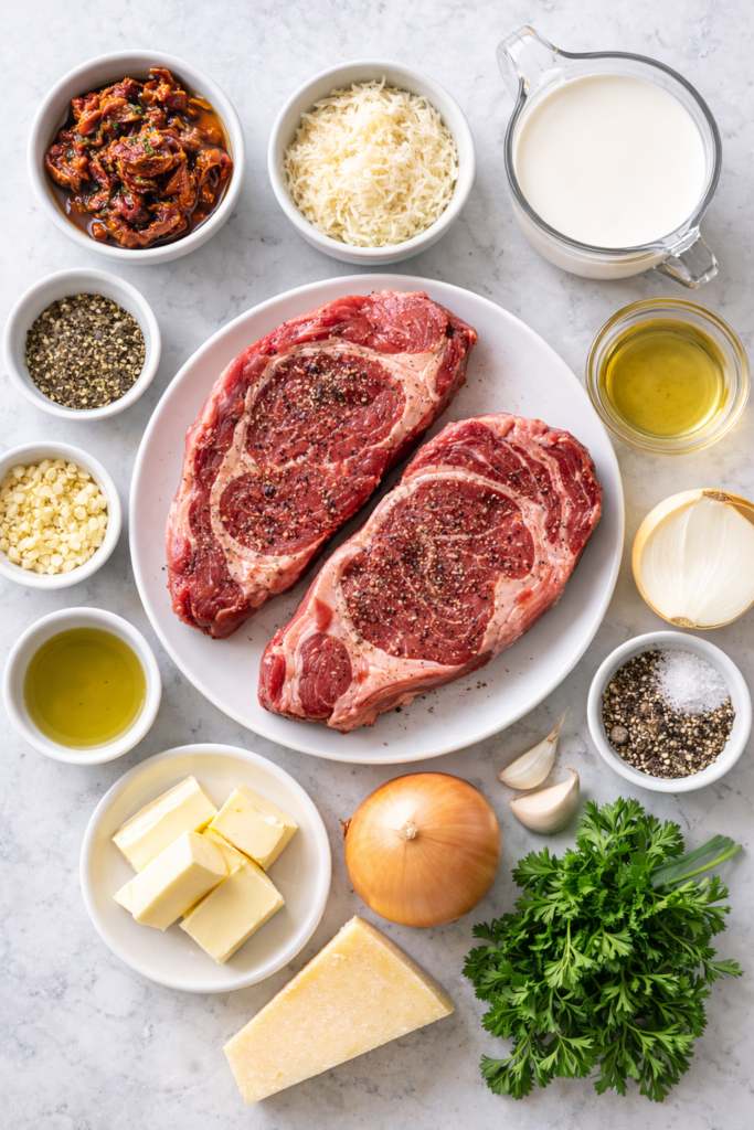 Flat lay of ingredients for creamy Tuscan steak including ribeye steaks, sun dried tomatoes, parmesan, cream, garlic, onion, butter and herbs on a marble countertop