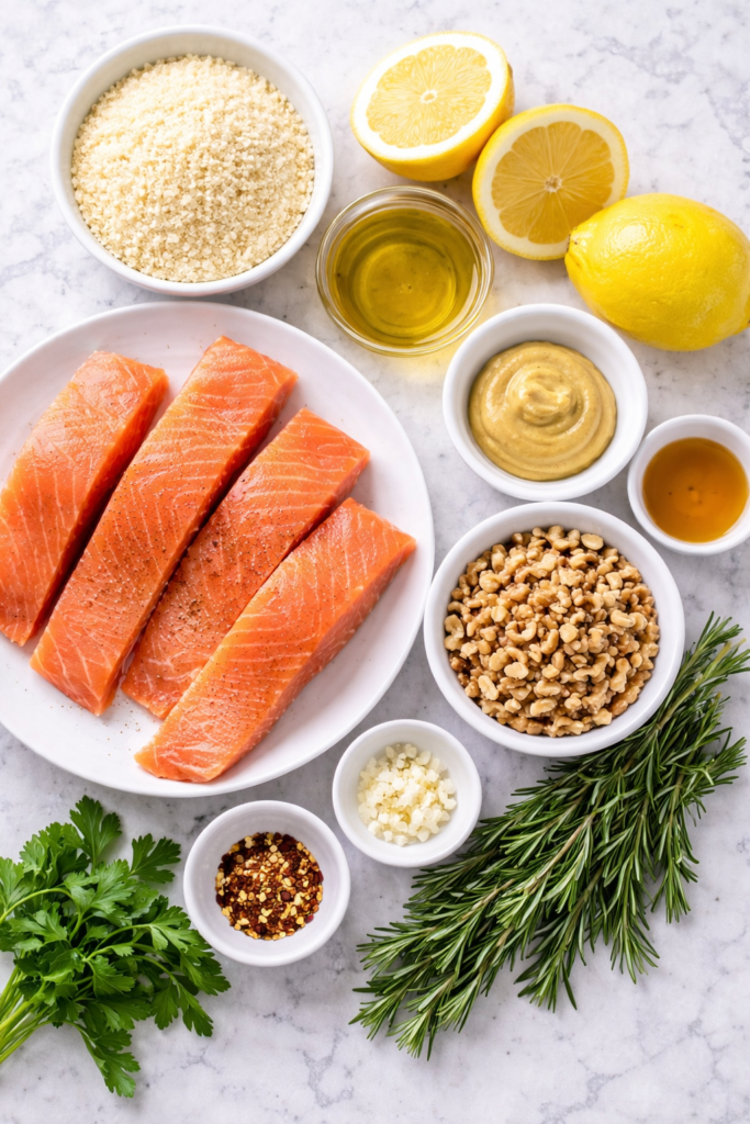 Flat lay of ingredients for walnut rosemary crusted salmon including salmon fillets, walnuts, lemon, Dijon mustard, garlic, rosemary, honey, olive oil, and panko breadcrumbs on marble countertop