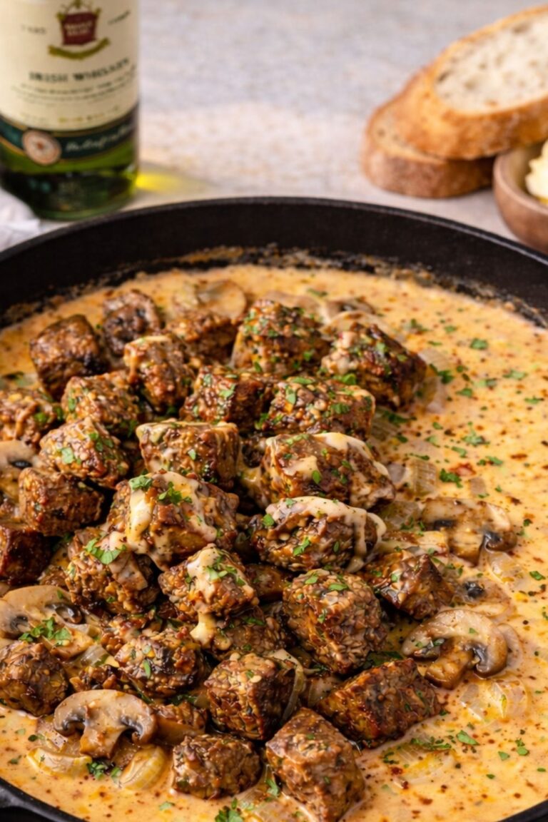 whiskey marinated steak tips in creamy garlic paprika sauce with mushrooms in a cast iron skillet