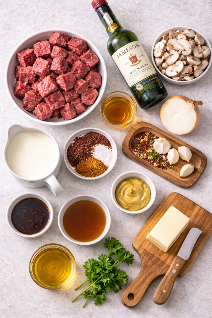 ingredients for creamy whiskey steak tips recipe with mushrooms garlic paprika and cream