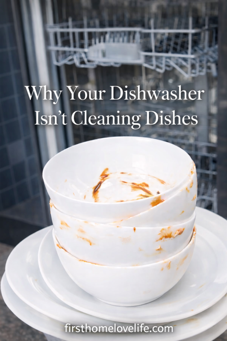 stack of dirty white bowls and plates in front of an open dishwasher showing why a dishwasher isn’t cleaning dishes properly