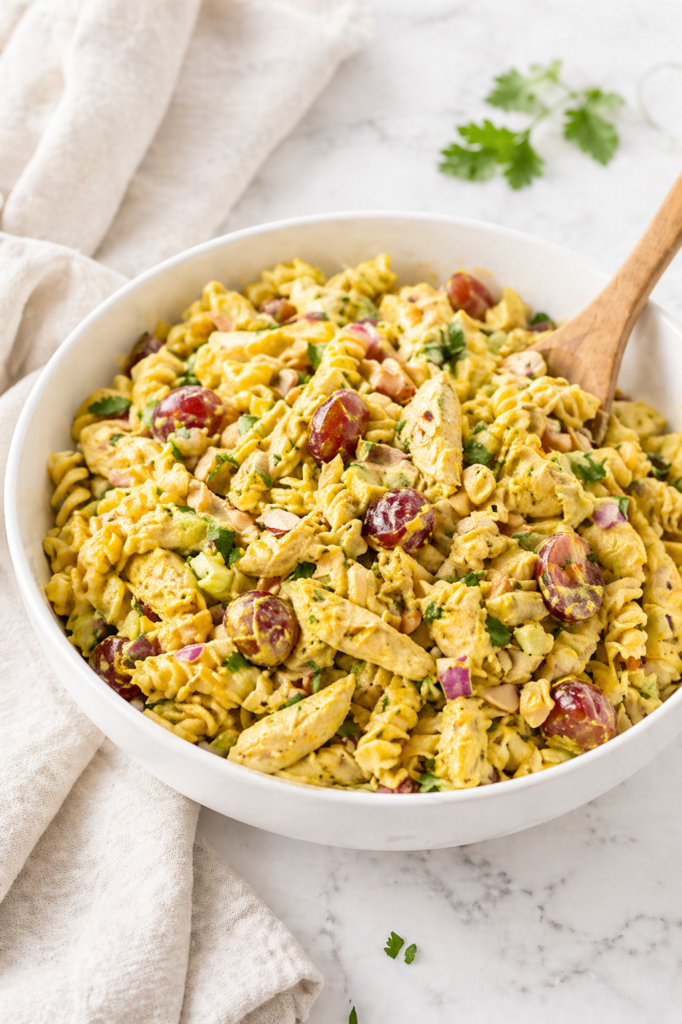 creamy chicken curry pasta salad with chicken pieces grapes celery and herbs in a white bowl on a marble countertop