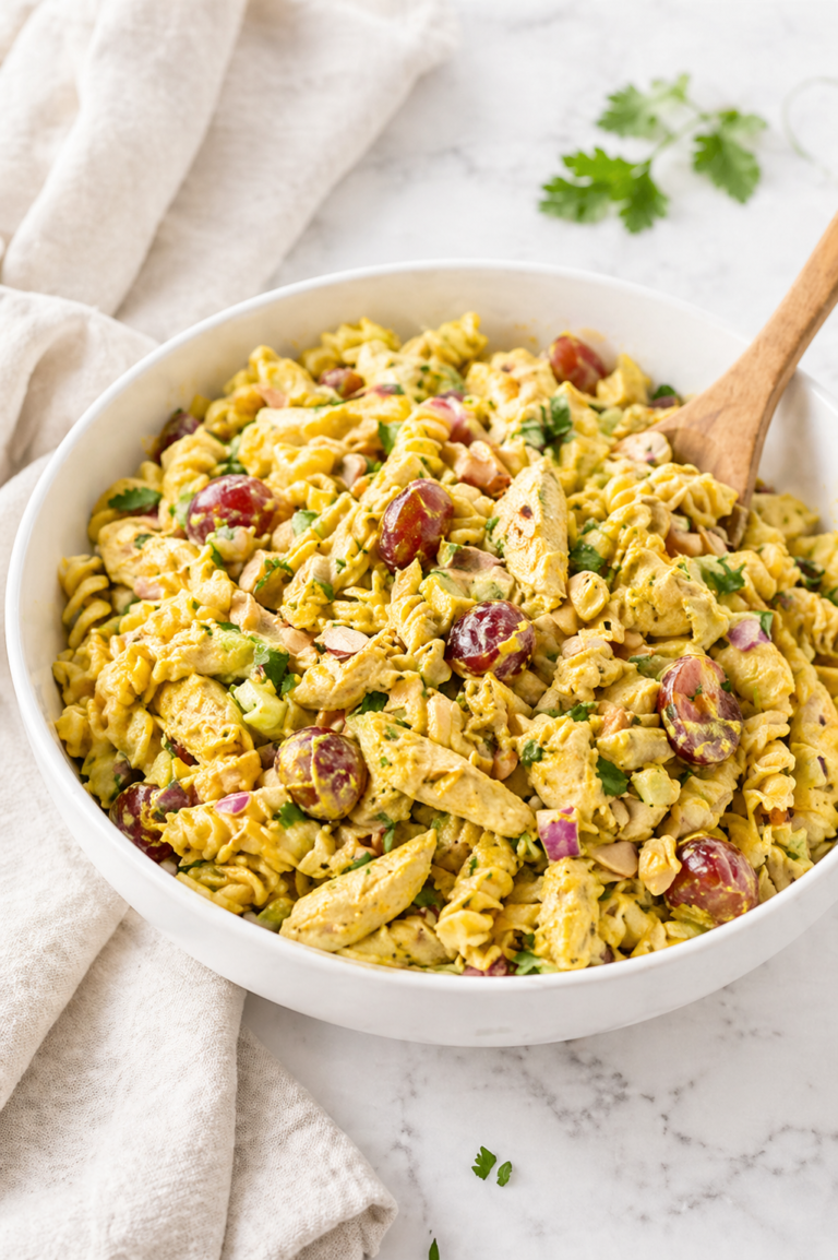 creamy chicken curry pasta salad with chicken pieces grapes celery and herbs in a white bowl on a marble countertop
