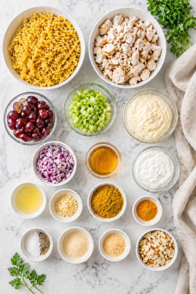 flat lay of chicken curry pasta salad ingredients including pasta chicken grapes celery red onion curry spices mayonnaise and yogurt on a marble countertop