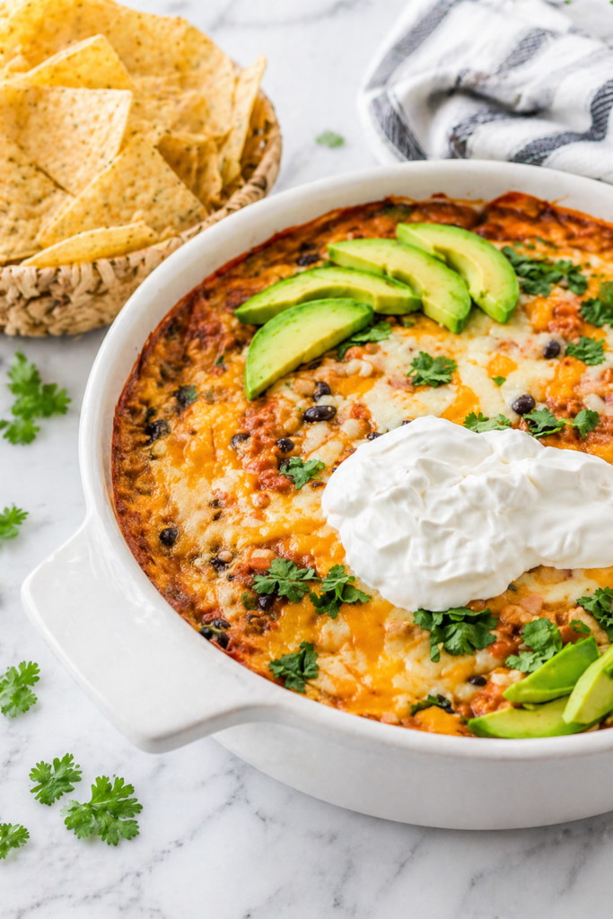 side angle of creamy chicken enchilada dip in a round white baking dish topped with melted cheese avocado cilantro and sour cream on a marble countertop