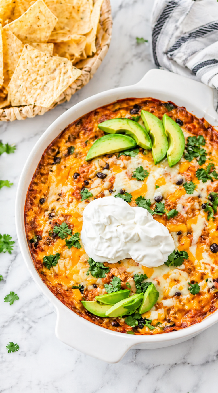 creamy chicken enchilada dip in a round white baking dish topped with melted cheese avocado and sour cream on a marble countertop