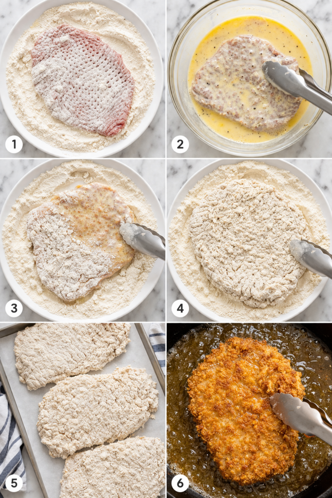 Step-by-step collage showing how to dredge chicken fried steak in flour, egg mixture, and seasoned coating before frying