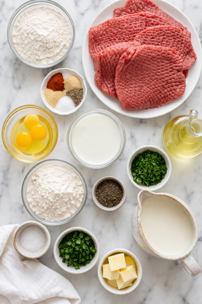 Flat lay of ingredients for chicken fried steak including cube steak, flour, eggs, milk, oil, and seasonings on a marble countertop