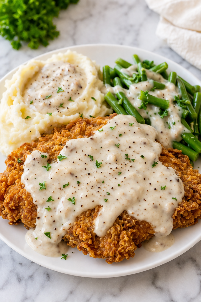 Chicken fried steak with creamy country gravy served with mashed potatoes and green beans on a white plate