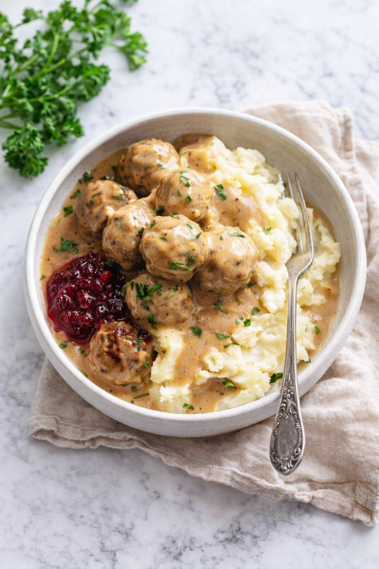 Copycat IKEA Swedish meatballs over creamy mashed potatoes with rich gravy and lingonberry jam in a white bowl on a marble countertop