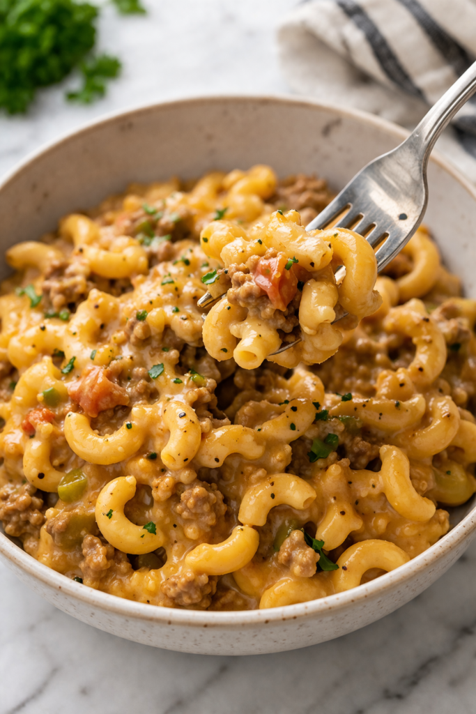 Close-up of creamy slow cooker hamburger helper with ground beef and elbow pasta in a bowl with a fork lifting a cheesy bite