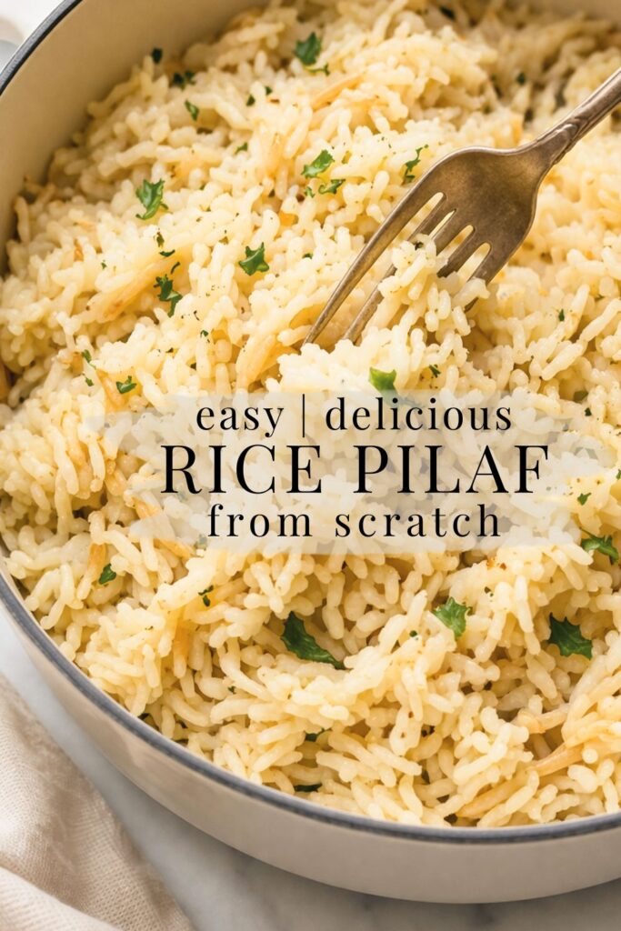 Fluffy homemade rice pilaf with toasted orzo and parsley being fluffed with a fork in a white pot