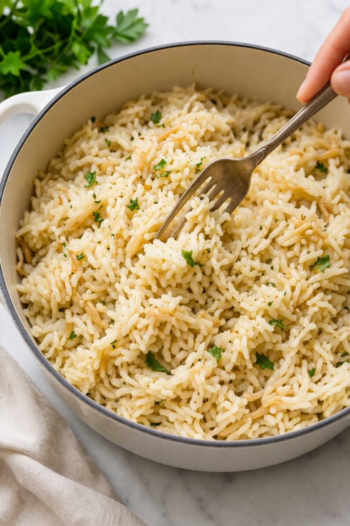 Fluffing homemade rice pilaf with a fork in a white pot with toasted orzo and fresh parsley on a marble counter