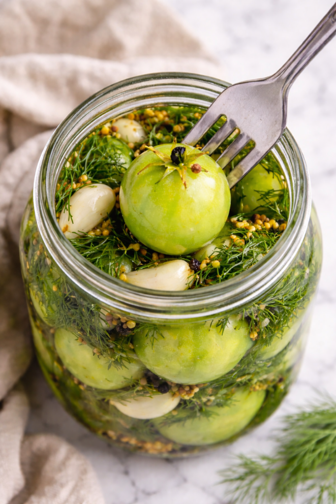 Fork piercing a whole pickled green tomato in a jar with garlic, dill, and spices on a marble countertop