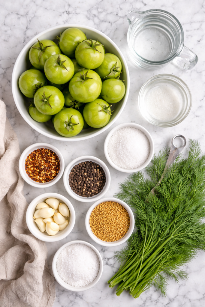 Flat lay of ingredients for Jersey dill pickled green tomatoes including whole green tomatoes, fresh dill, garlic, vinegar, salt, and pickling spices on a marble countertop