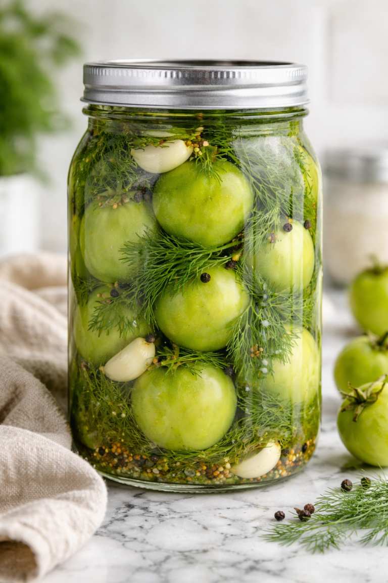 Jar of whole Jersey dill pickled green tomatoes with garlic and fresh dill on a marble countertop