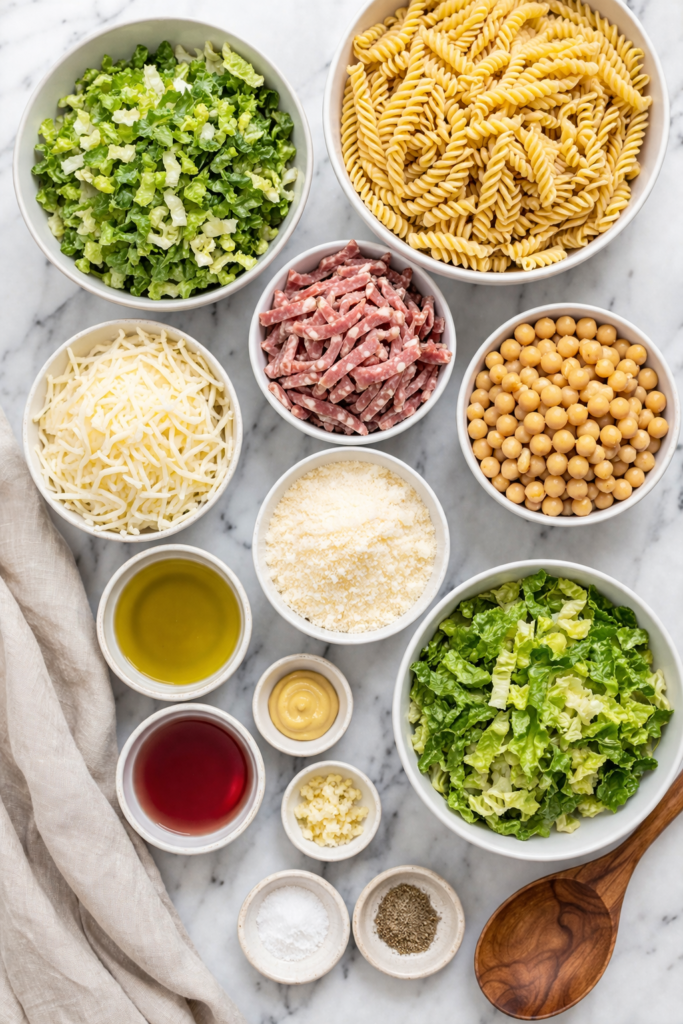 ingredients for La Scala chopped pasta salad including rotini pasta, salami, chickpeas, romaine, cheese, olive oil, and vinegar on marble