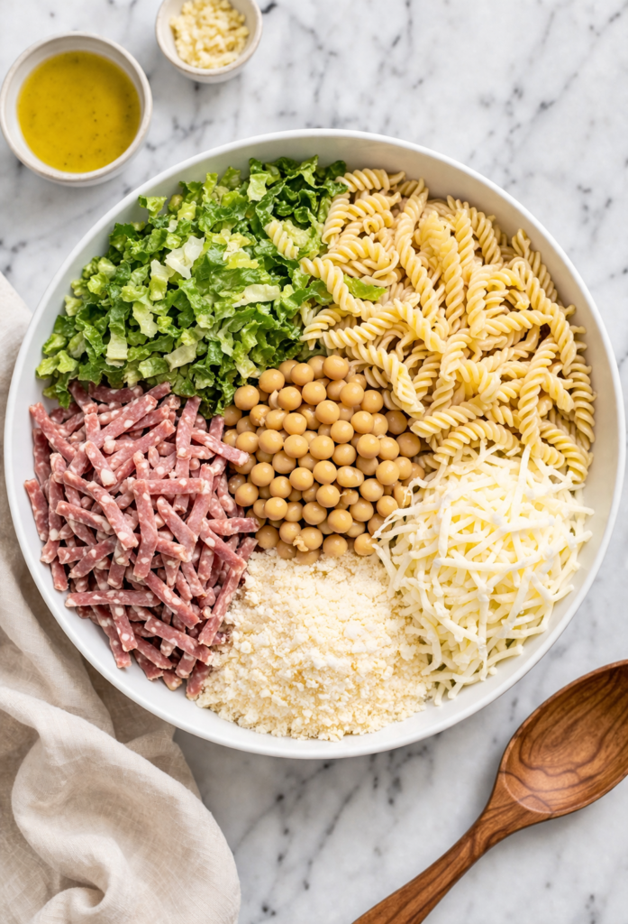 La Scala chopped pasta salad ingredients in a bowl before mixing including rotini, salami, chickpeas, romaine, and cheese