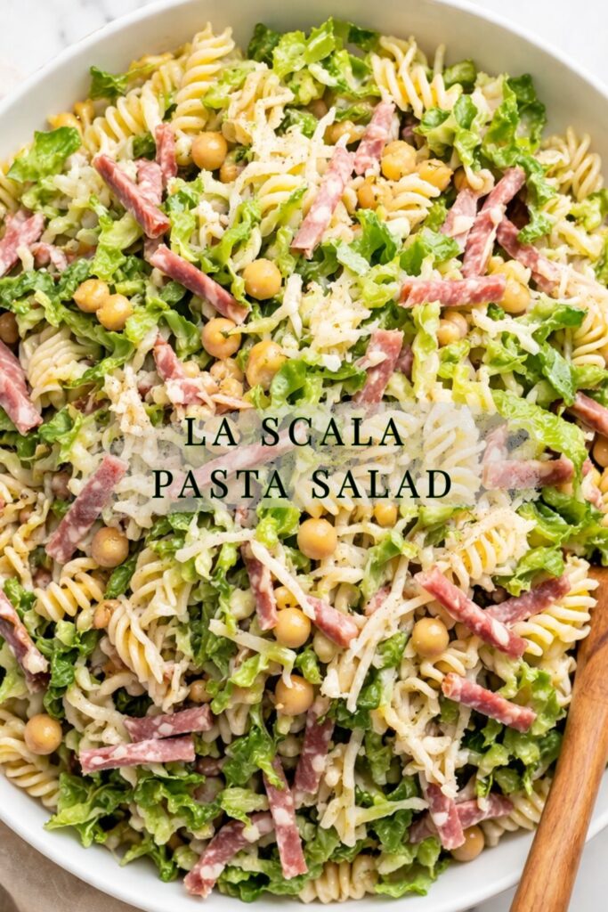 La Scala chopped pasta salad with rotini, salami, chickpeas, romaine, and pecorino in white bowl with wooden spoon