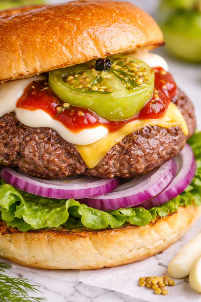 Cheeseburger topped with pickled green tomatoes, lettuce, red onion, mayo, and ketchup on a toasted bun