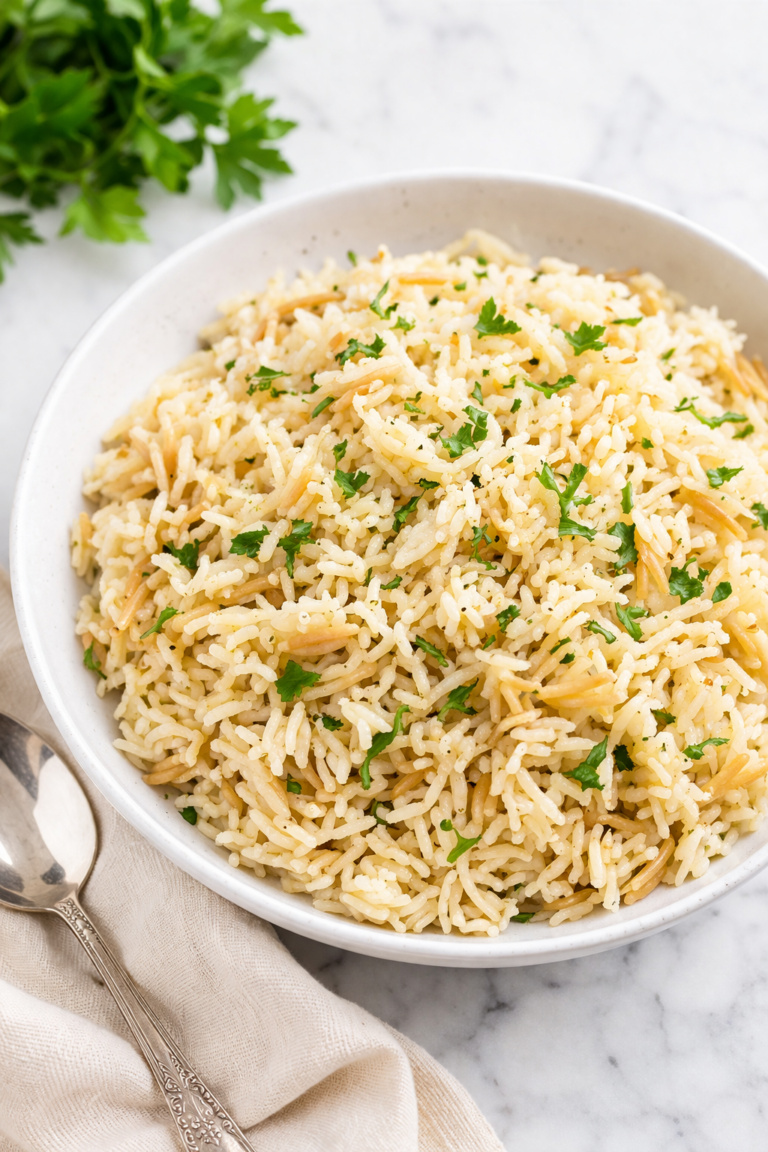 Fluffy homemade rice pilaf with toasted orzo and fresh parsley in a white bowl on a marble counter with a spoon and neutral cloth