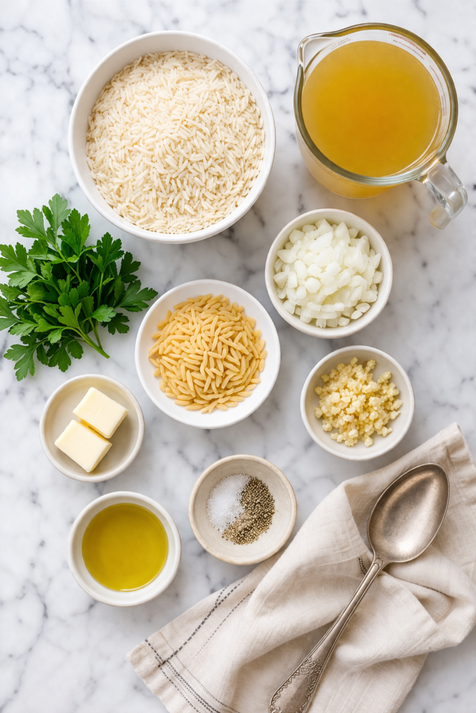 Flat lay of rice pilaf ingredients including white rice, chicken broth, onion, garlic, butter, olive oil, orzo, parsley, salt and pepper on a marble counter