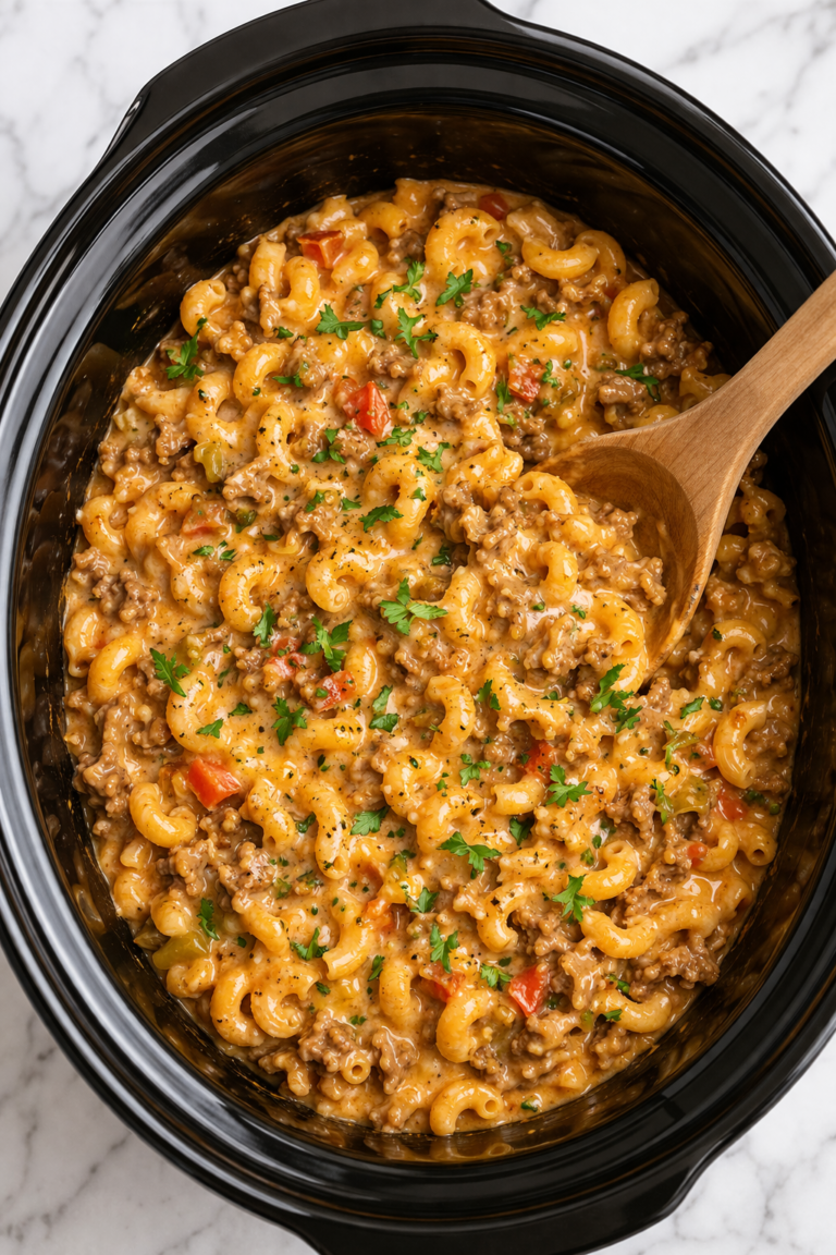 Slow cooker hamburger helper with ground beef, elbow pasta, and creamy cheesy sauce in a black crockpot on a marble counter with a wooden spoon