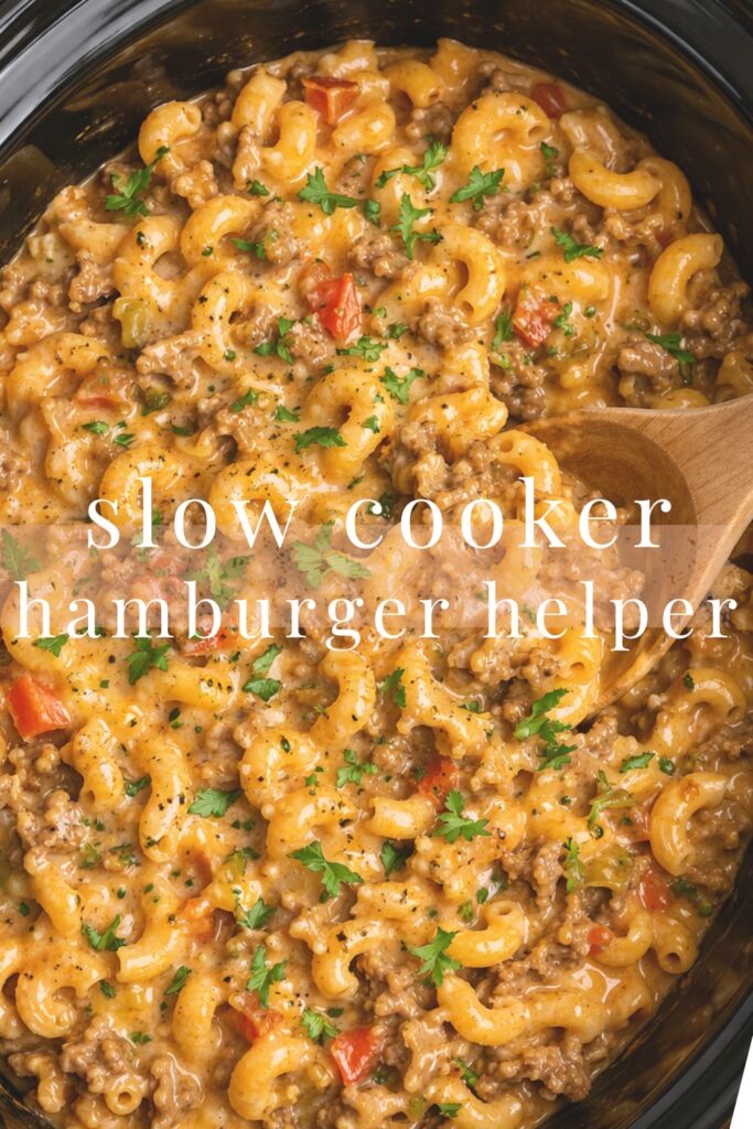 Slow cooker hamburger helper with ground beef, elbow pasta, and creamy cheesy sauce in a black crockpot with a wooden spoon