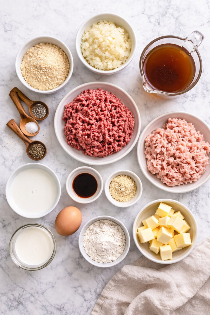 Flat lay of ingredients for Swedish meatballs including ground beef, pork, breadcrumbs, egg, onion, butter, flour, broth, and cream on a marble countertop