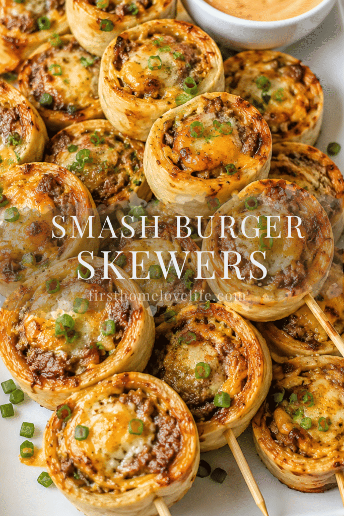 Crispy smash burger skewers made with tortilla pinwheels, melted cheese, seasoned ground beef, and green onions served on a white platter with burger sauce.