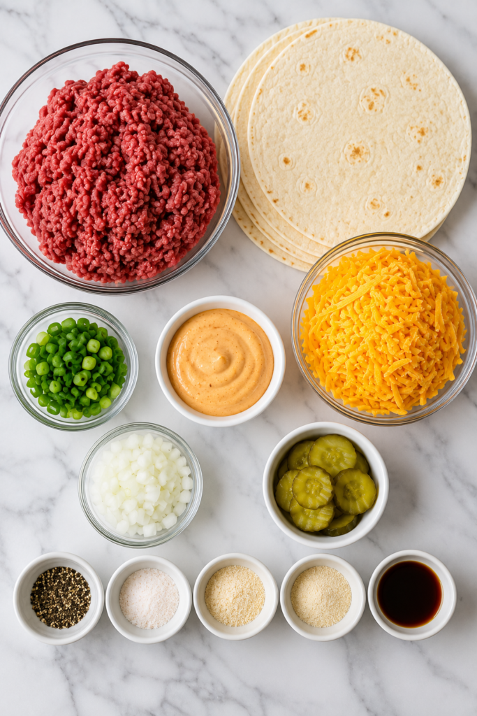 Flat lay of ingredients for pinwheel smash burger skewers including ground beef, tortillas, shredded cheddar cheese, burger sauce, pickles, onions, green onions, and seasonings on a white marble countertop.
