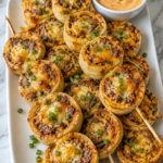 Crispy pinwheel smash burger skewers layered on a white platter with melted cheese, seasoned beef, green onions, and burger sauce on a marble countertop.