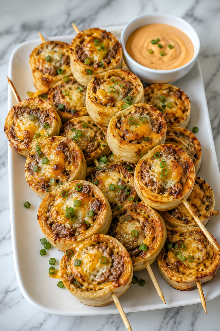 Crispy pinwheel smash burger skewers layered on a white platter with melted cheese, seasoned beef, green onions, and burger sauce on a marble countertop.
