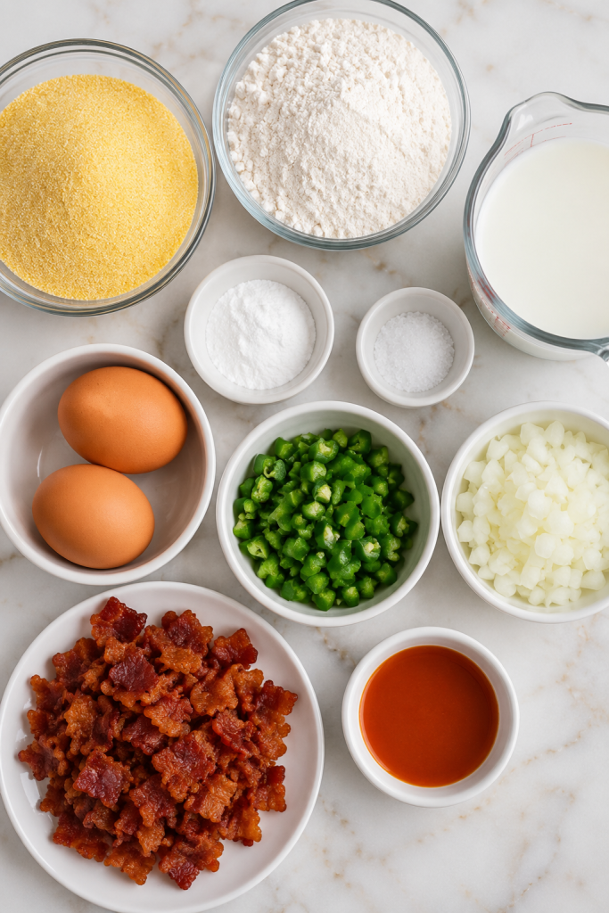 ingredients for bacon jalapeño hush puppies including cornmeal, flour, eggs, milk, diced jalapeños, onion, bacon, hot sauce, baking powder, and salt