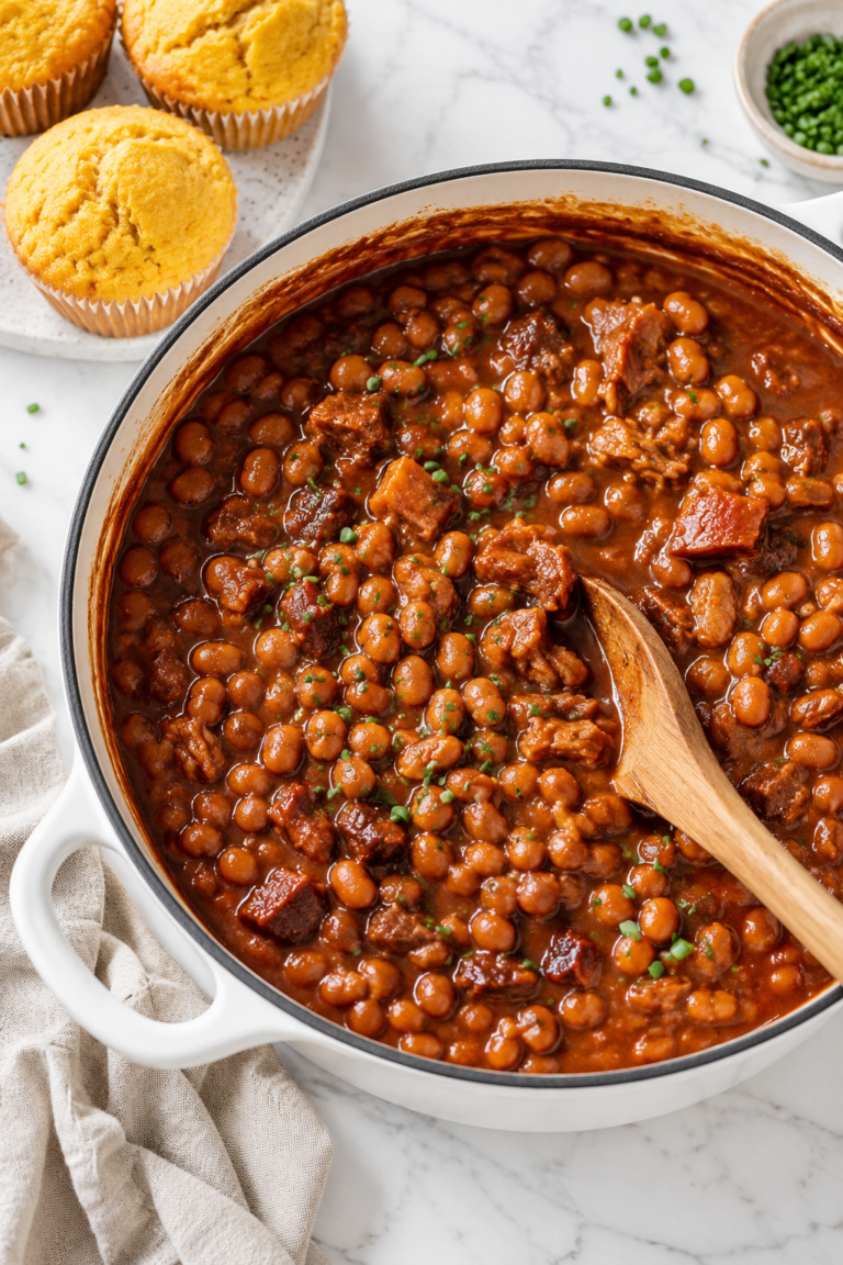 Homemade pork and beans in a white Dutch oven topped with fresh chives and served with cornbread muffins
