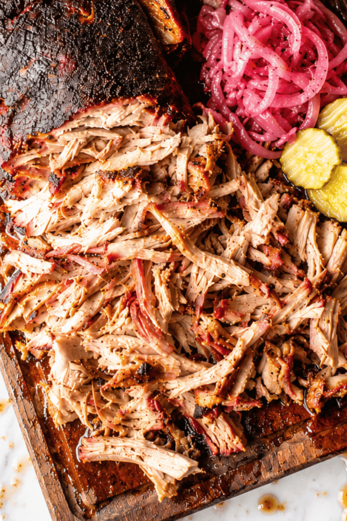 Smoked pork shoulder with crispy bark and juicy pulled pork on a dark wooden cutting board over a white marble countertop with barbecue sauce, pickles, pickled onions, and pork juices dripping onto the marble.