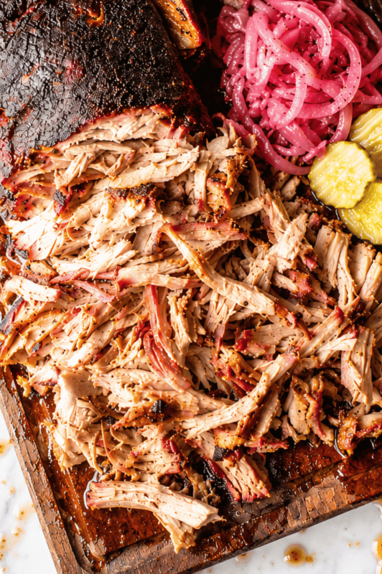 Smoked pork shoulder with crispy bark and juicy pulled pork on a dark wooden cutting board over a white marble countertop with barbecue sauce, pickles, pickled onions, and pork juices dripping onto the marble.
