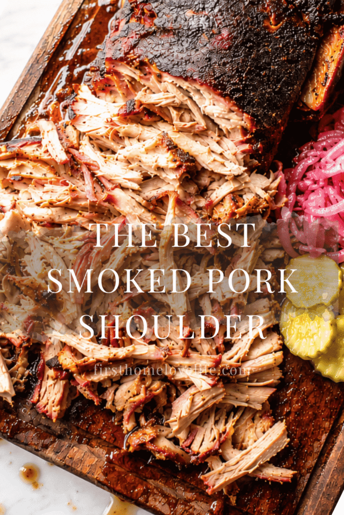 juicy smoked pork shoulder with crispy bark, shredded pulled pork, pickled onions, and pickles